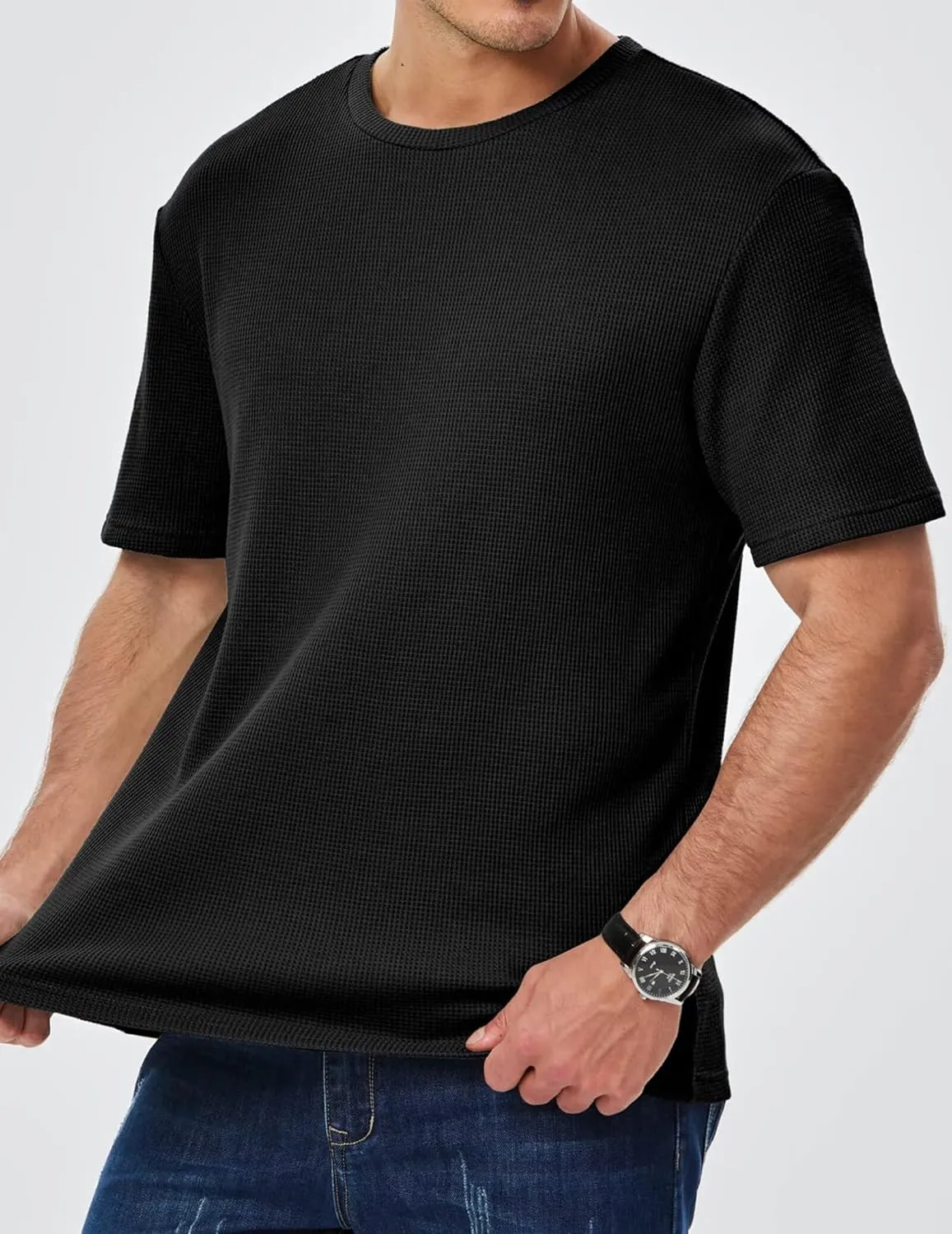 Men's Casual T-Shirts Lightweight Crewneck Solid Color Short Sleeve Waffle Pullover Tees