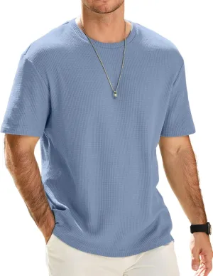 Men's Casual T-Shirts Lightweight Crewneck Solid Color Short Sleeve Waffle Pullover Tees