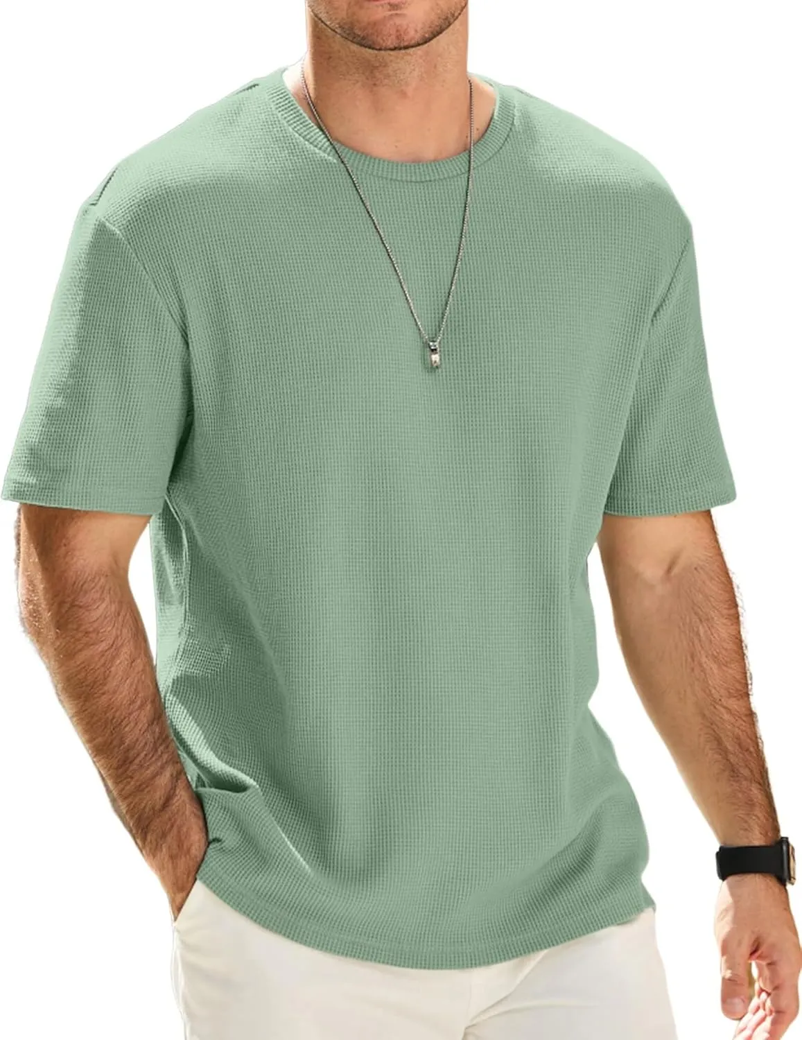 Men's Casual T-Shirts Lightweight Crewneck Solid Color Short Sleeve Waffle Pullover Tees