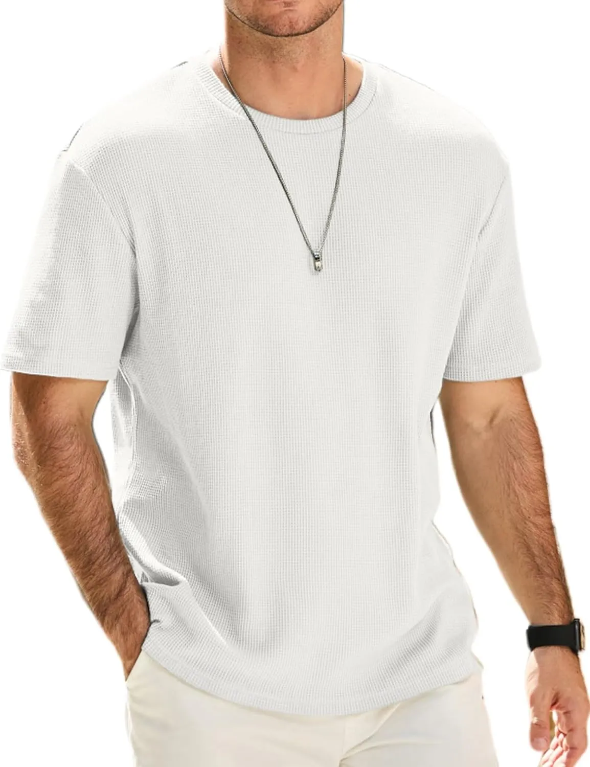 Men's Casual T-Shirts Lightweight Crewneck Solid Color Short Sleeve Waffle Pullover Tees