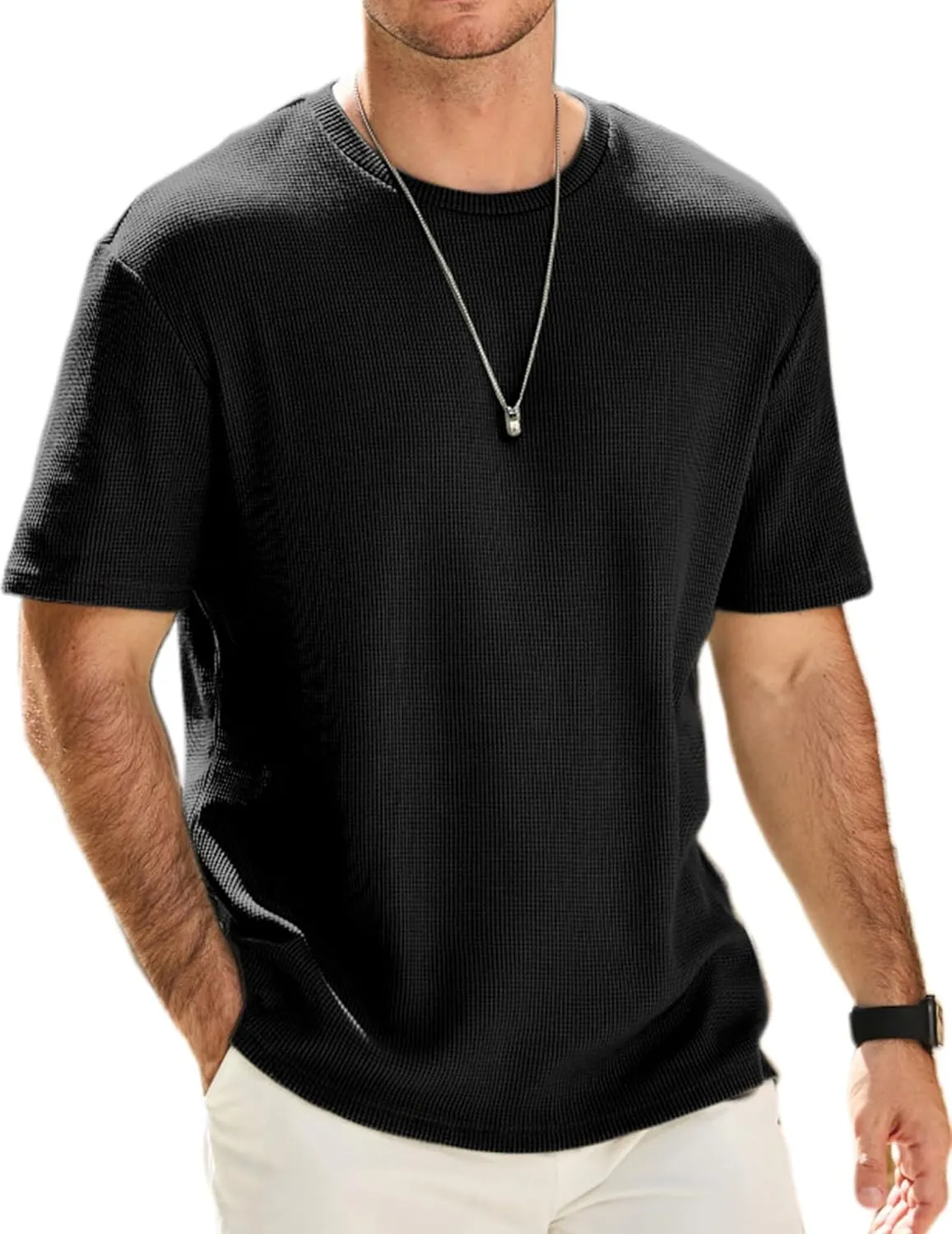 Men's Casual T-Shirts Lightweight Crewneck Solid Color Short Sleeve Waffle Pullover Tees