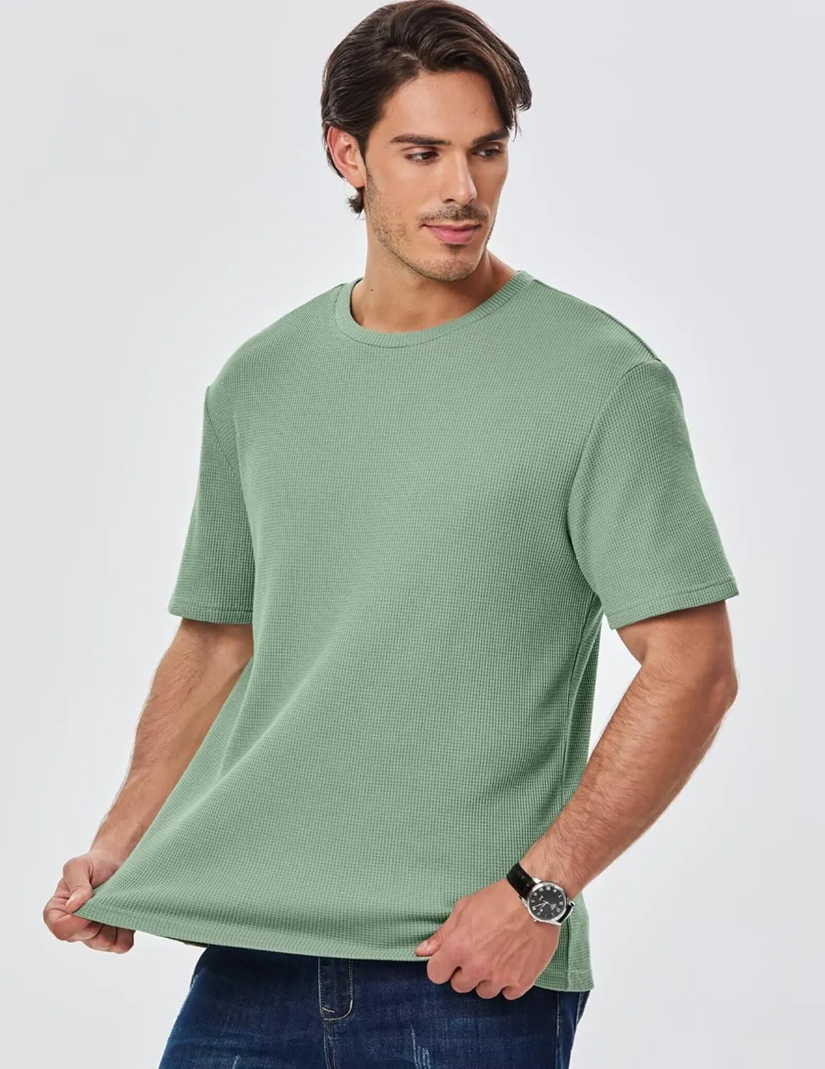 Men's Casual T-Shirts Lightweight Crewneck Solid Color Short Sleeve Waffle Pullover Tees