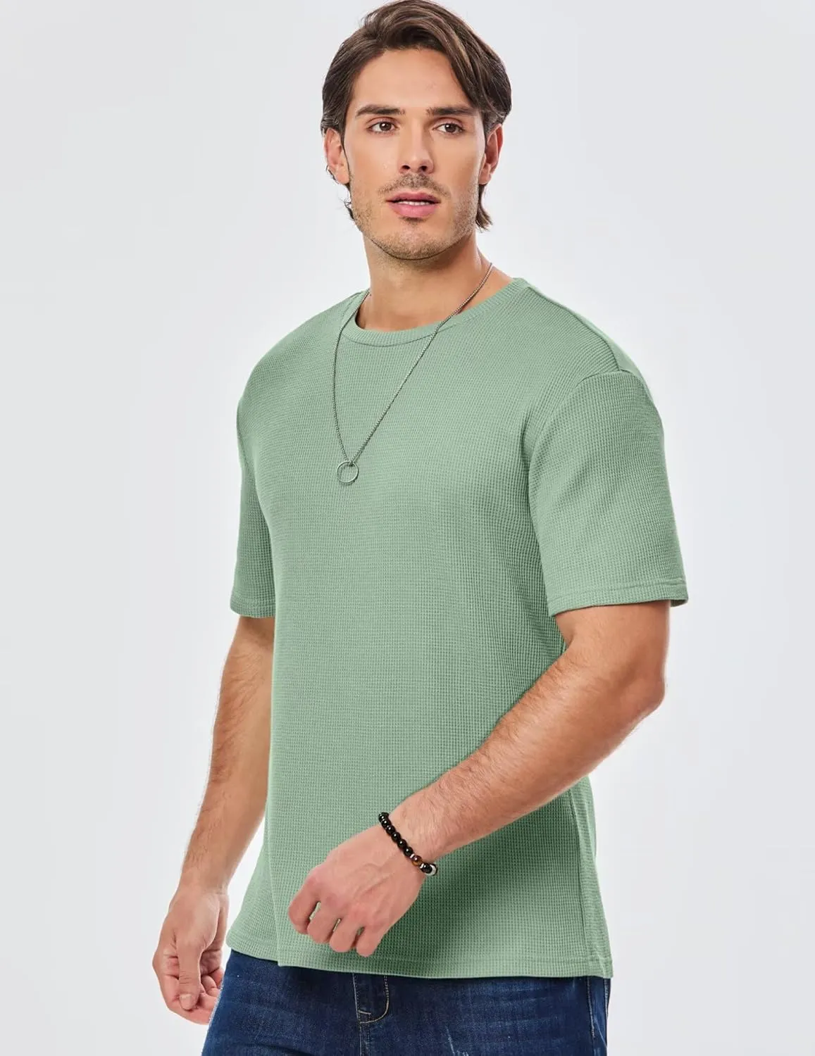 Men's Casual T-Shirts Lightweight Crewneck Solid Color Short Sleeve Waffle Pullover Tees