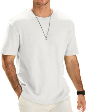 Men's Casual T-Shirts Lightweight Crewneck Solid Color Short Sleeve Waffle Pullover Tees