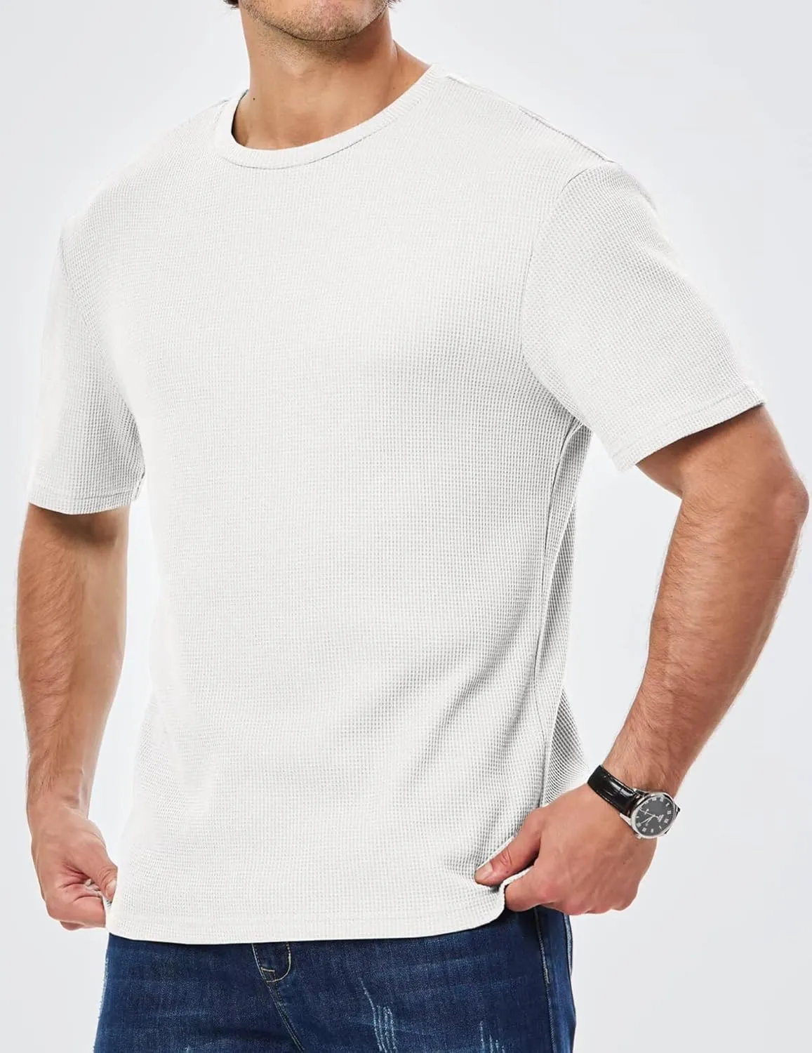 Men's Casual T-Shirts Lightweight Crewneck Solid Color Short Sleeve Waffle Pullover Tees