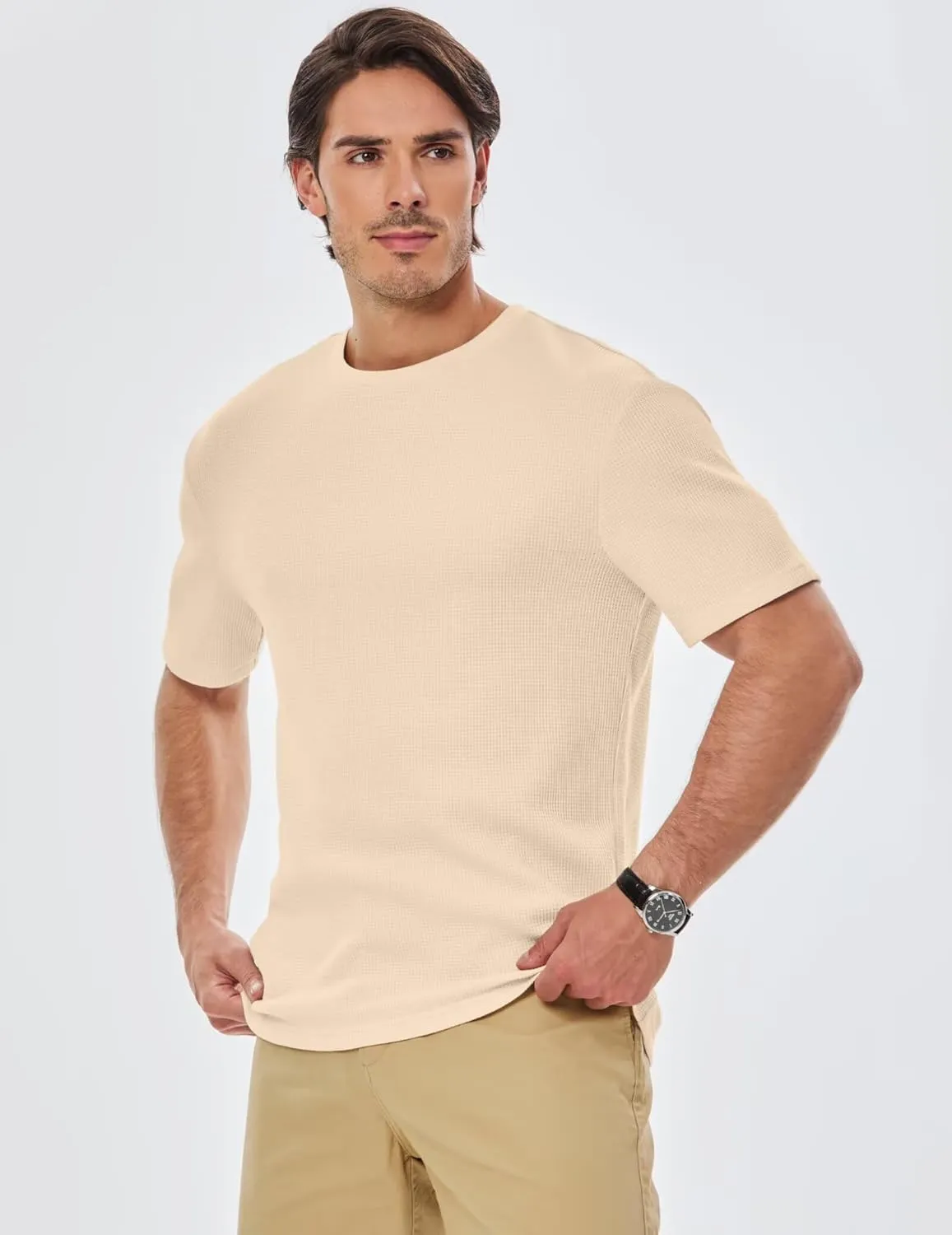 Men's Casual T-Shirts Lightweight Crewneck Solid Color Short Sleeve Waffle Pullover Tees