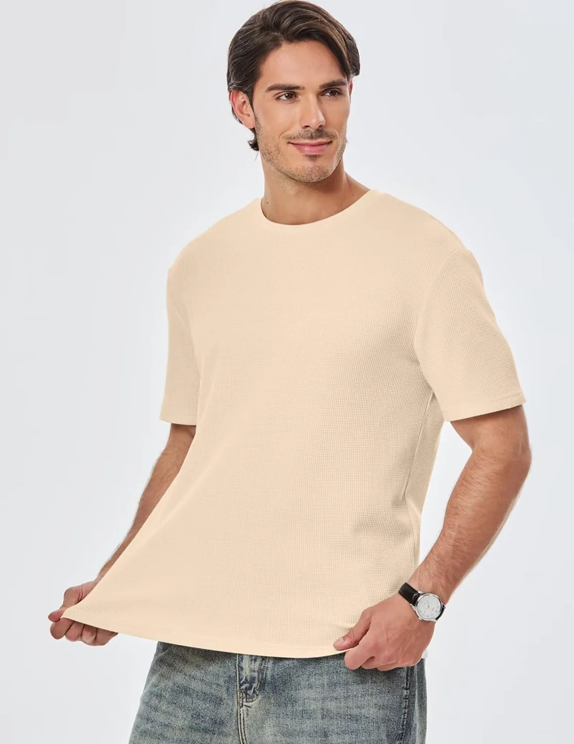Men's Casual T-Shirts Lightweight Crewneck Solid Color Short Sleeve Waffle Pullover Tees