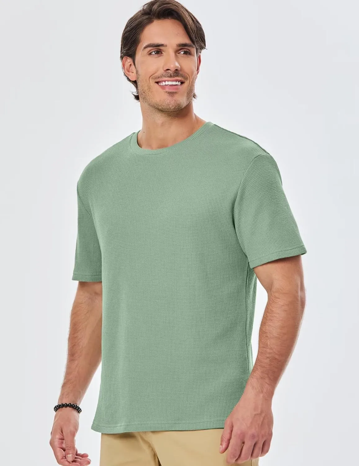 Men's Casual T-Shirts Lightweight Crewneck Solid Color Short Sleeve Waffle Pullover Tees