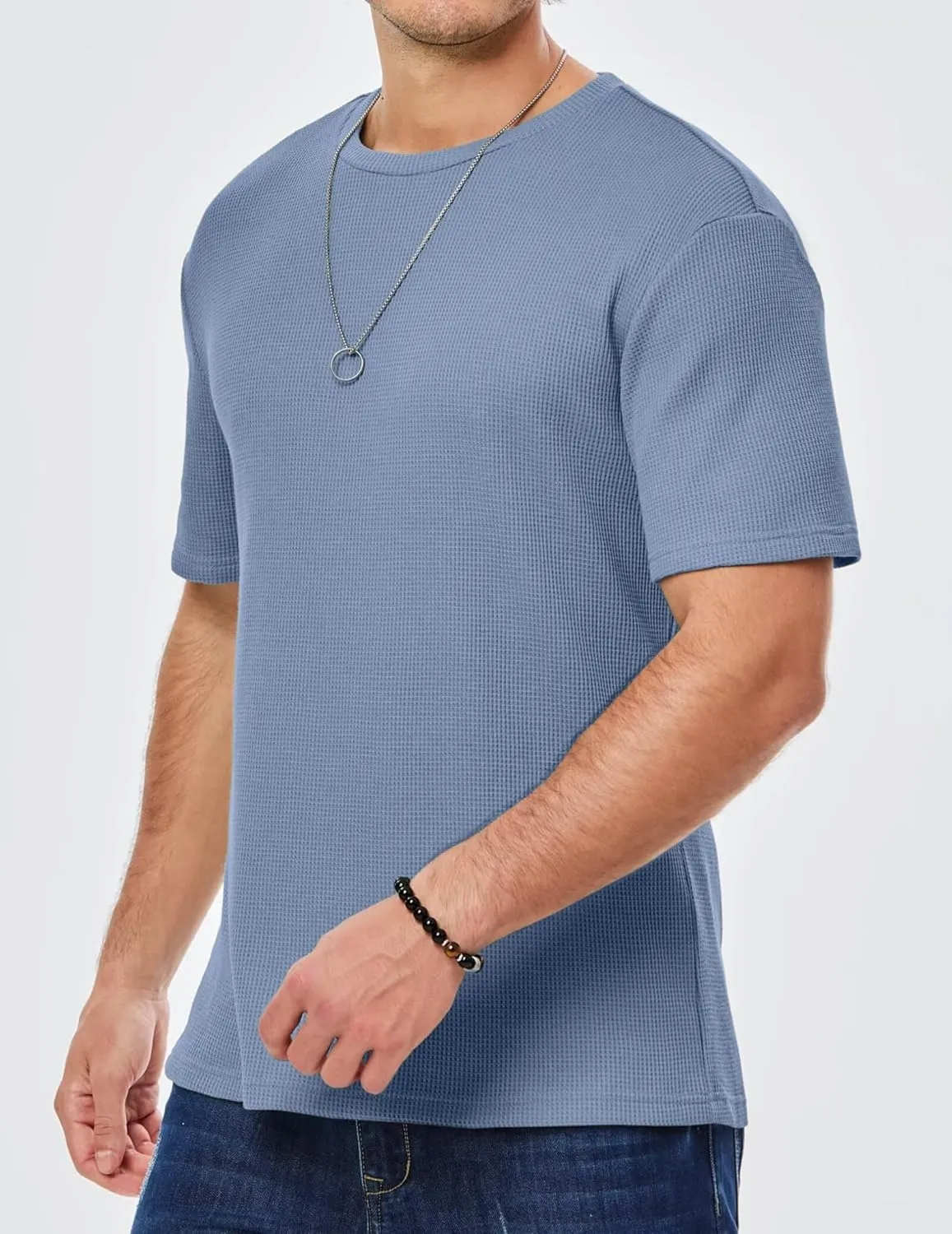 Men's Casual T-Shirts Lightweight Crewneck Solid Color Short Sleeve Waffle Pullover Tees