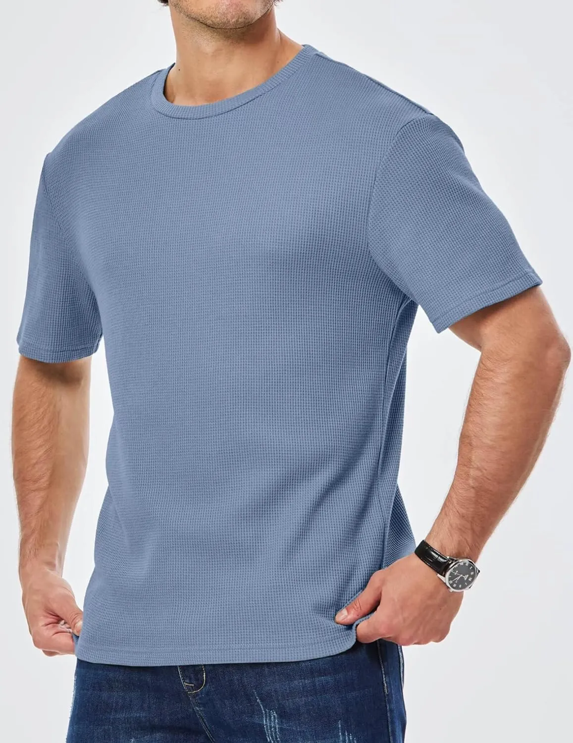 Men's Casual T-Shirts Lightweight Crewneck Solid Color Short Sleeve Waffle Pullover Tees