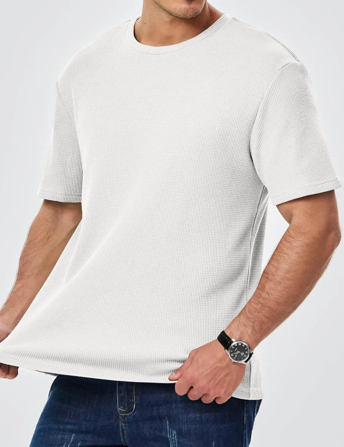 Men's Casual T-Shirts Lightweight Crewneck Solid Color Short Sleeve Waffle Pullover Tees
