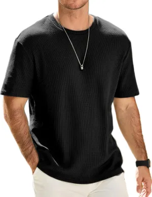 Men's Casual T-Shirts Lightweight Crewneck Solid Color Short Sleeve Waffle Pullover Tees