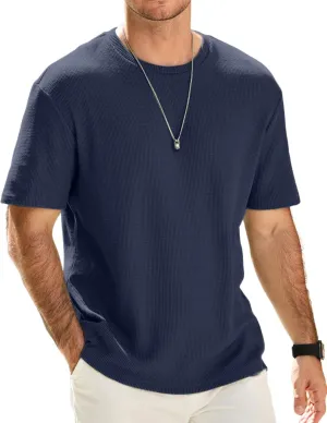 Men's Casual T-Shirts Lightweight Crewneck Solid Color Short Sleeve Waffle Pullover Tees