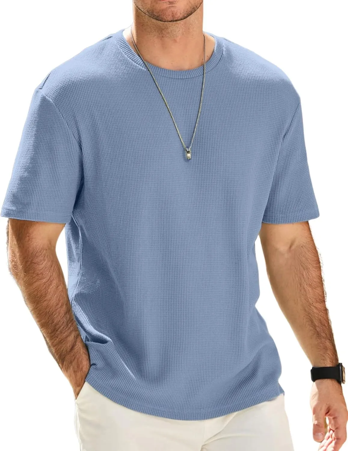 Men's Casual T-Shirts Lightweight Crewneck Solid Color Short Sleeve Waffle Pullover Tees