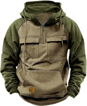 Mens Corduroy Sweater with Elbow Patches Hoodie Half Zipper Hooded 1/4 Button Up Pullover Fall Polo Sweaters Mens