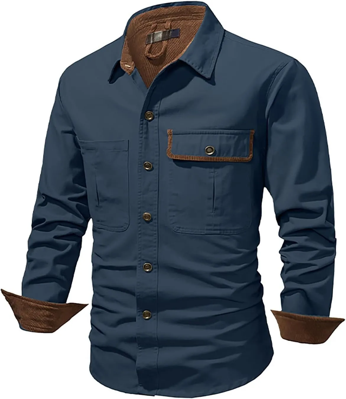 Men's Cotton Flannel Shirt Casual Button Up Plaid Shirt Brushed Soft Outdoor Shirts with Corduroy Contrast