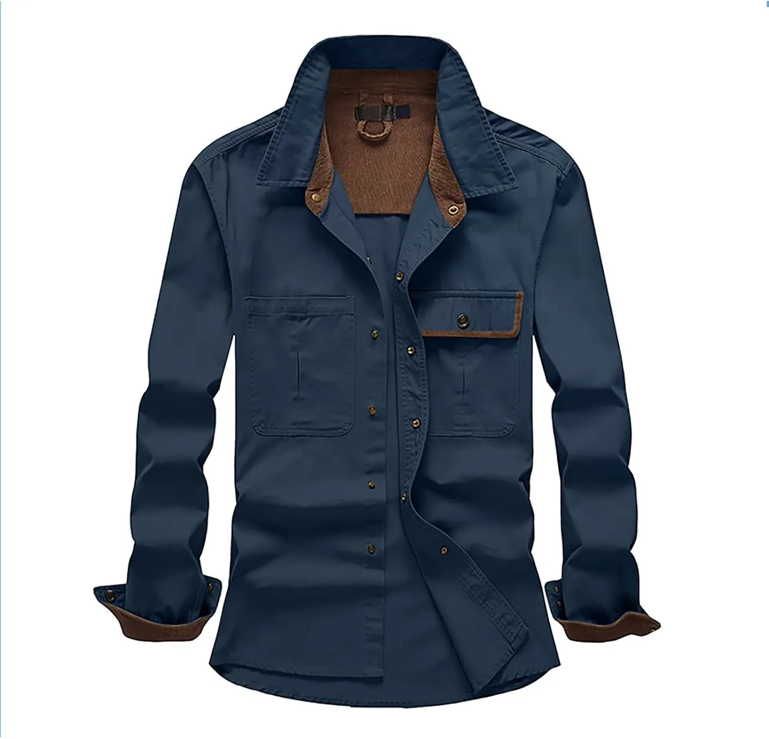 Men's Cotton Flannel Shirt Casual Button Up Plaid Shirt Brushed Soft Outdoor Shirts with Corduroy Contrast