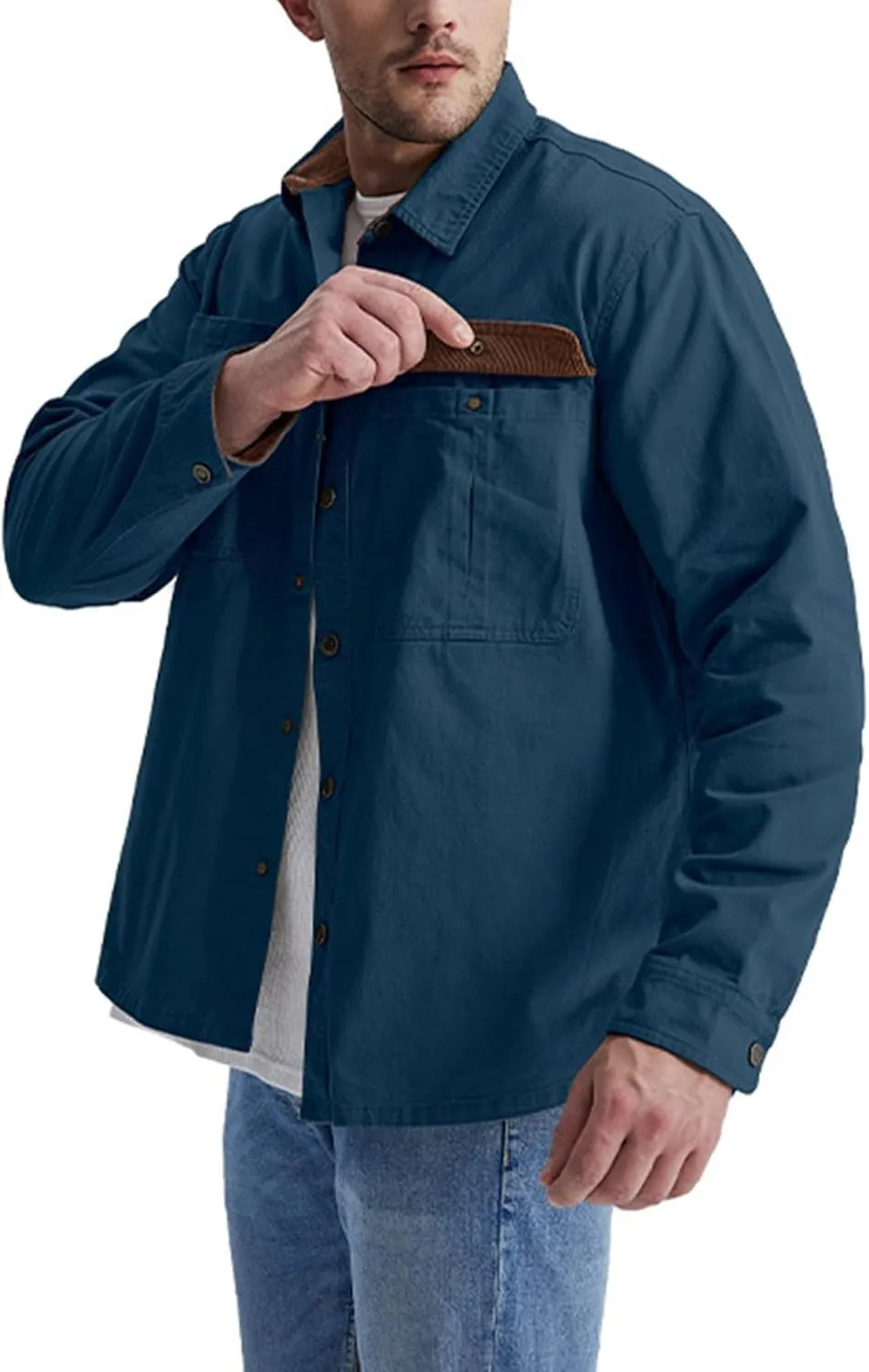 Men's Cotton Flannel Shirt Casual Button Up Plaid Shirt Brushed Soft Outdoor Shirts with Corduroy Contrast