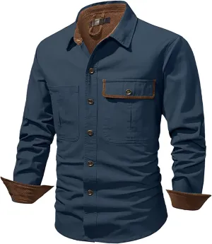 Men's Cotton Flannel Shirt Casual Button Up Plaid Shirt Brushed Soft Outdoor Shirts with Corduroy Contrast