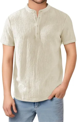 Mens Cotton Linen Shirts Vintage Wrinkled Short Sleeve Henley Shirt Lightweight Casual Summer Beach Band Collar Tees