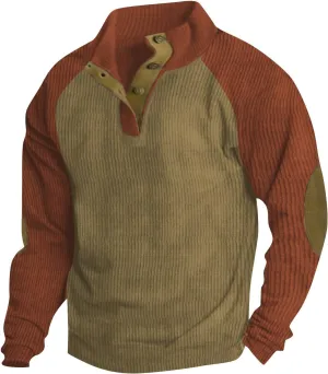Mens Fall Sweatshirt Stand Collar Fashion Pullover Vintage Long Sleeve Casual Button Corduroy Sweaters