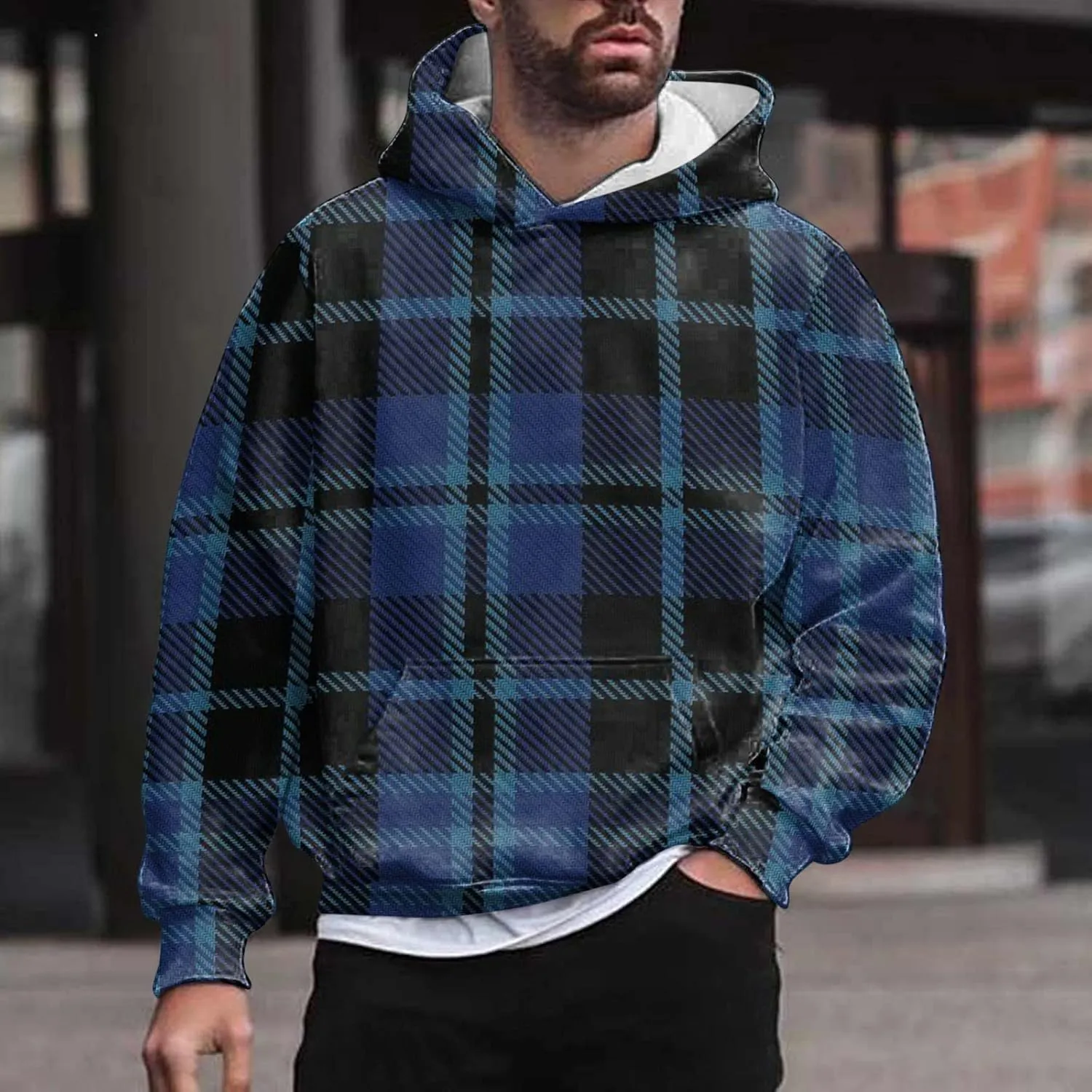 Men's Fashion Checkered Hooded Sweatshirts Retro Print Casual Sports Hoodies Long Sleeve Pullover Tops with Pocket