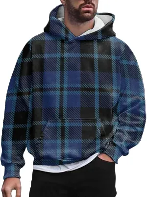 Men's Fashion Checkered Hooded Sweatshirts Retro Print Casual Sports Hoodies Long Sleeve Pullover Tops with Pocket