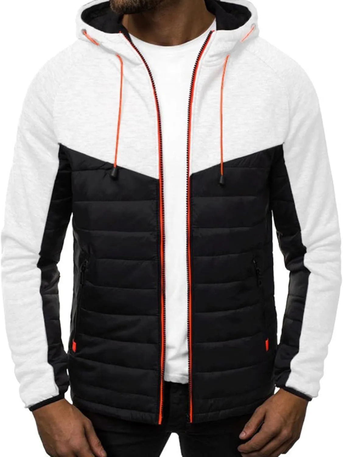 Men's Fashion Full Zip Up Sweatshirt Color Matching Splicing Jackets Coats Colour Block Patchwork Hooded Tops