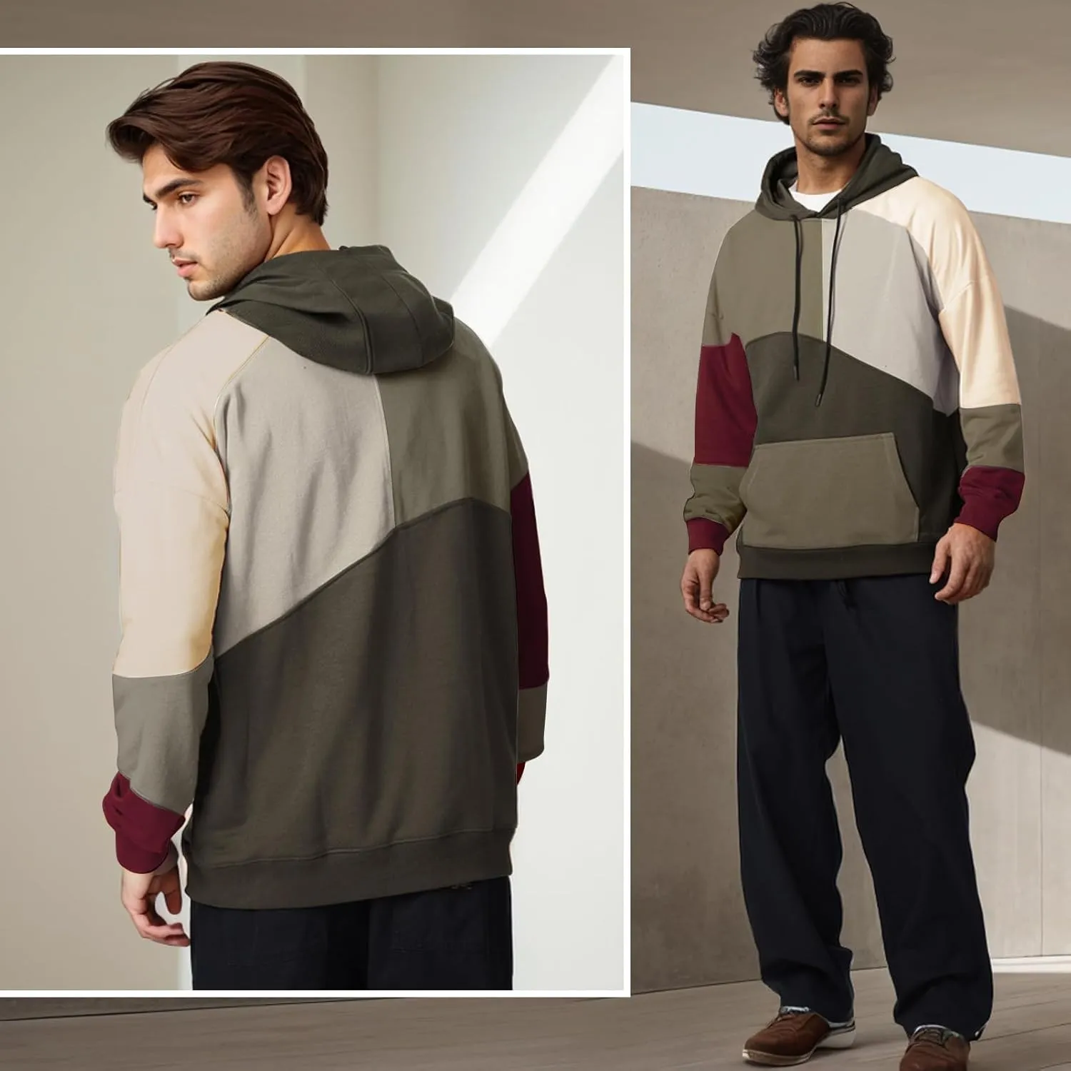 Men's Fashion Hoodies Techwear Contrast Color Oversize Sweatshirts, Unisex Lightweight Patchwork Hip Hop Pullover