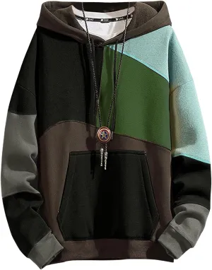 Men's Fashion Hoodies Techwear Contrast Color Oversize Sweatshirts, Unisex Lightweight Patchwork Hip Hop Pullover