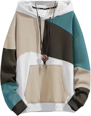Men's Fashion Hoodies Techwear Contrast Color Oversize Sweatshirts, Unisex Lightweight Patchwork Hip Hop Pullover