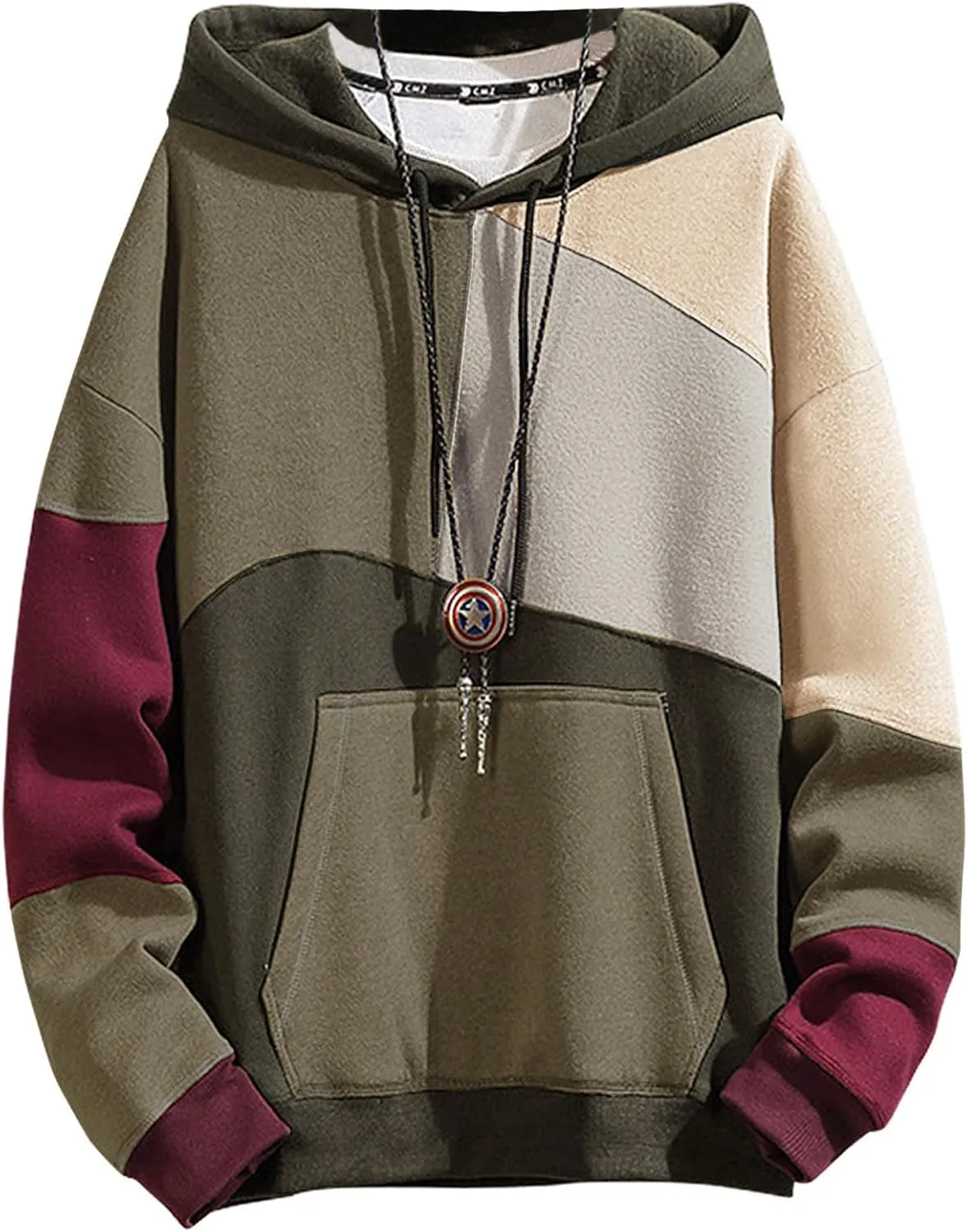 Men's Fashion Hoodies Techwear Contrast Color Oversize Sweatshirts, Unisex Lightweight Patchwork Hip Hop Pullover