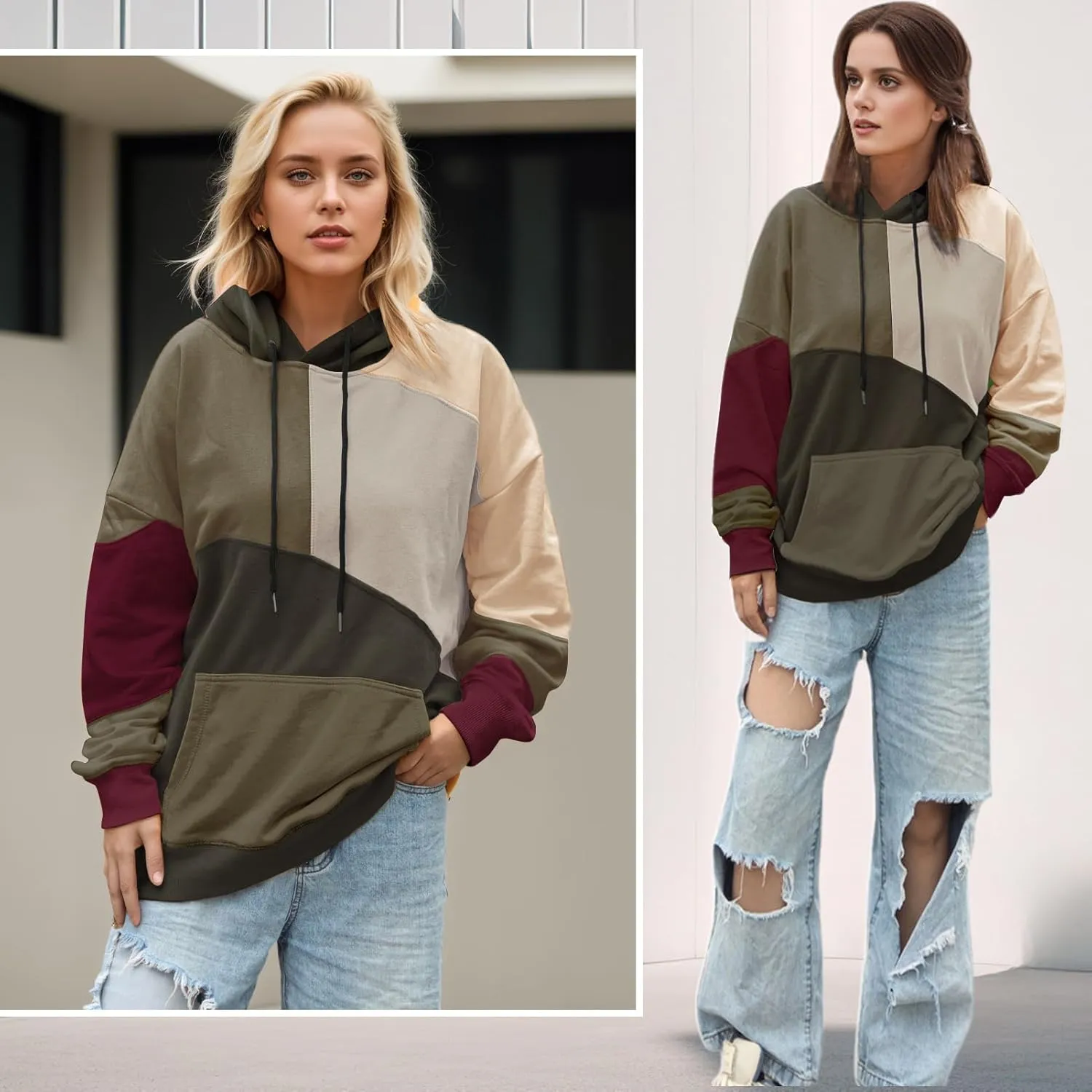 Men's Fashion Hoodies Techwear Contrast Color Oversize Sweatshirts, Unisex Lightweight Patchwork Hip Hop Pullover