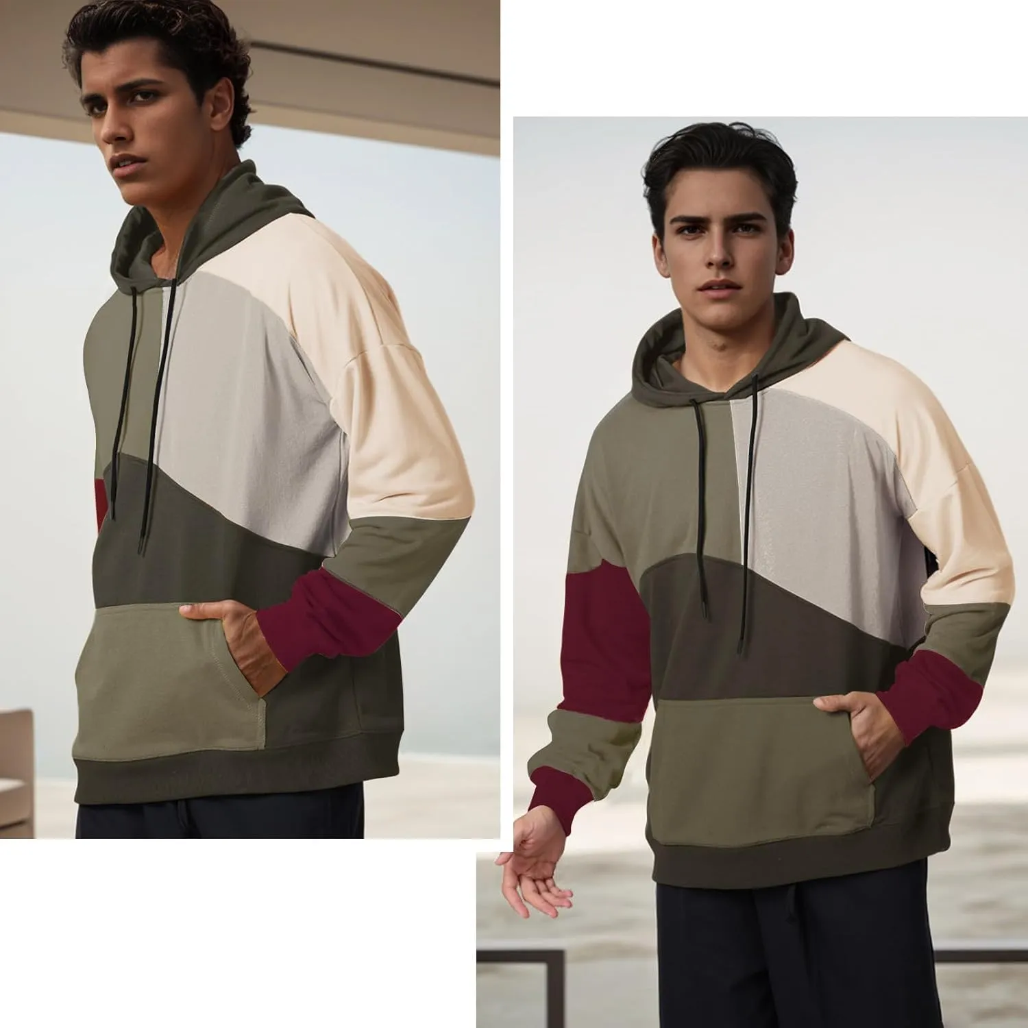 Men's Fashion Hoodies Techwear Contrast Color Oversize Sweatshirts, Unisex Lightweight Patchwork Hip Hop Pullover
