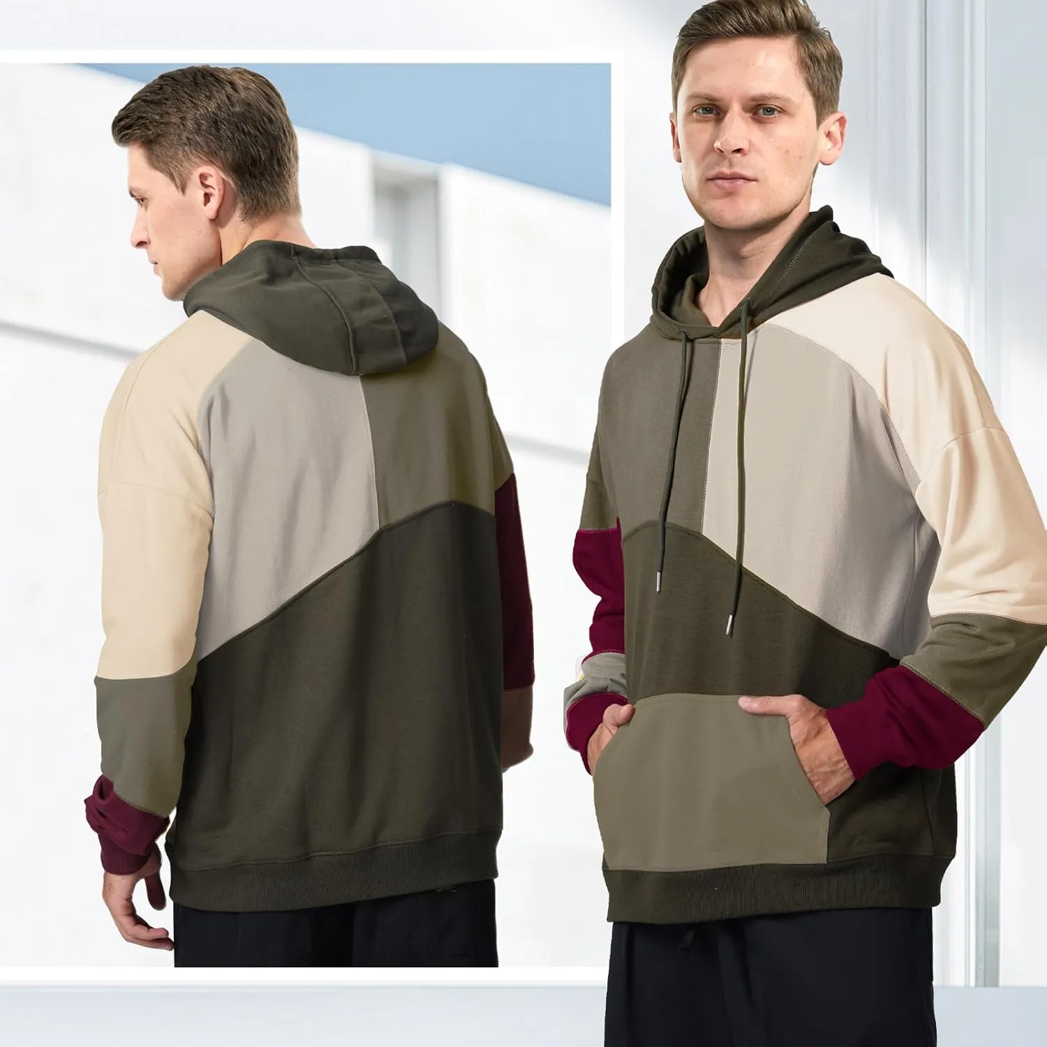 Men's Fashion Hoodies Techwear Contrast Color Oversize Sweatshirts, Unisex Lightweight Patchwork Hip Hop Pullover