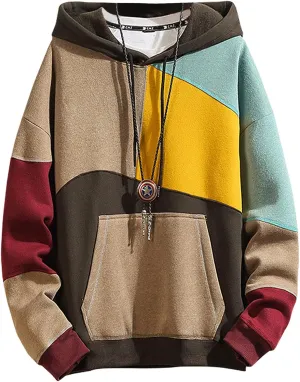 Men's Fashion Hoodies Techwear Contrast Color Oversize Sweatshirts, Unisex Lightweight Patchwork Hip Hop Pullover