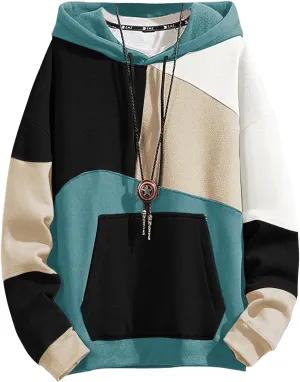 Men's Fashion Hoodies Techwear Contrast Color Oversize Sweatshirts, Unisex Lightweight Patchwork Hip Hop Pullover