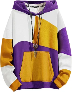 Men's Fashion Hoodies Techwear Contrast Color Oversize Sweatshirts, Unisex Lightweight Patchwork Hip Hop Pullover