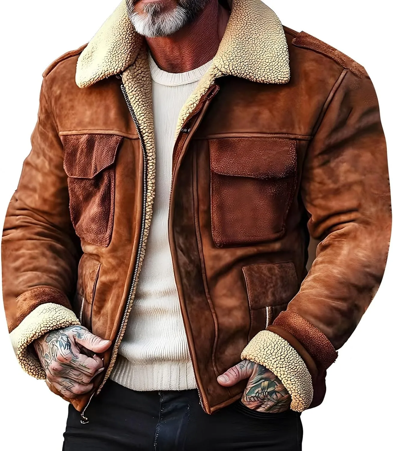 Mens Fuzzy Sherpa Jacket Long Sleeve Heavyweight Zip Up Warm Fleece Coat Fall Winter Vintage Thick Bomber Jackets