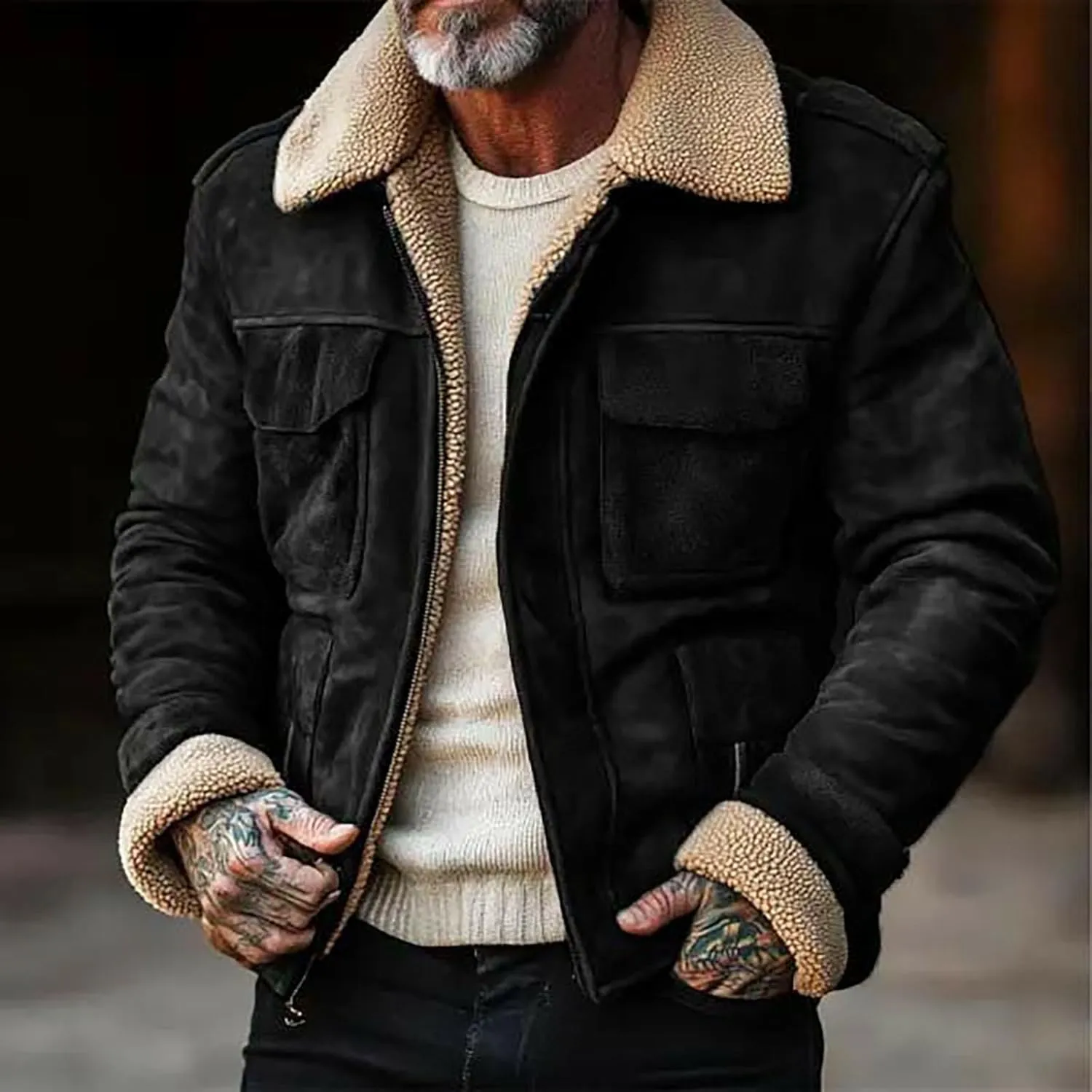 Mens Fuzzy Sherpa Jacket Long Sleeve Heavyweight Zip Up Warm Fleece Coat Fall Winter Vintage Thick Bomber Jackets