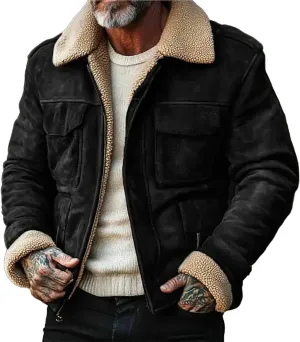Mens Fuzzy Sherpa Jacket Long Sleeve Heavyweight Zip Up Warm Fleece Coat Fall Winter Vintage Thick Bomber Jackets