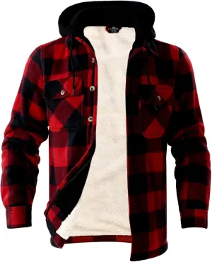 Mens Heavyweight Hoodies Casual Zip Up Plaid Flannel Shirt Jackets Winter Thick Berber Lined Fleece Coat