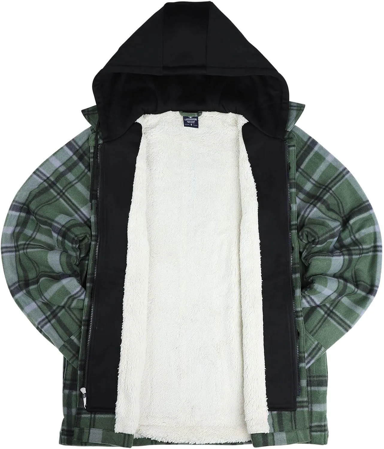 Mens Heavyweight Hoodies Casual Zip Up Plaid Flannel Shirt Jackets Winter Thick Berber Lined Fleece Coat