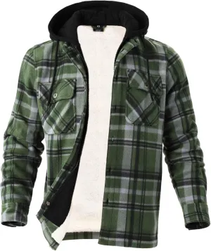 Mens Heavyweight Hoodies Casual Zip Up Plaid Flannel Shirt Jackets Winter Thick Berber Lined Fleece Coat