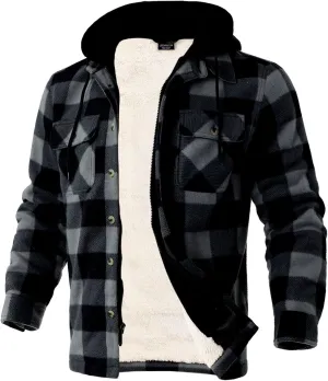 Mens Heavyweight Hoodies Casual Zip Up Plaid Flannel Shirt Jackets Winter Thick Berber Lined Fleece Coat