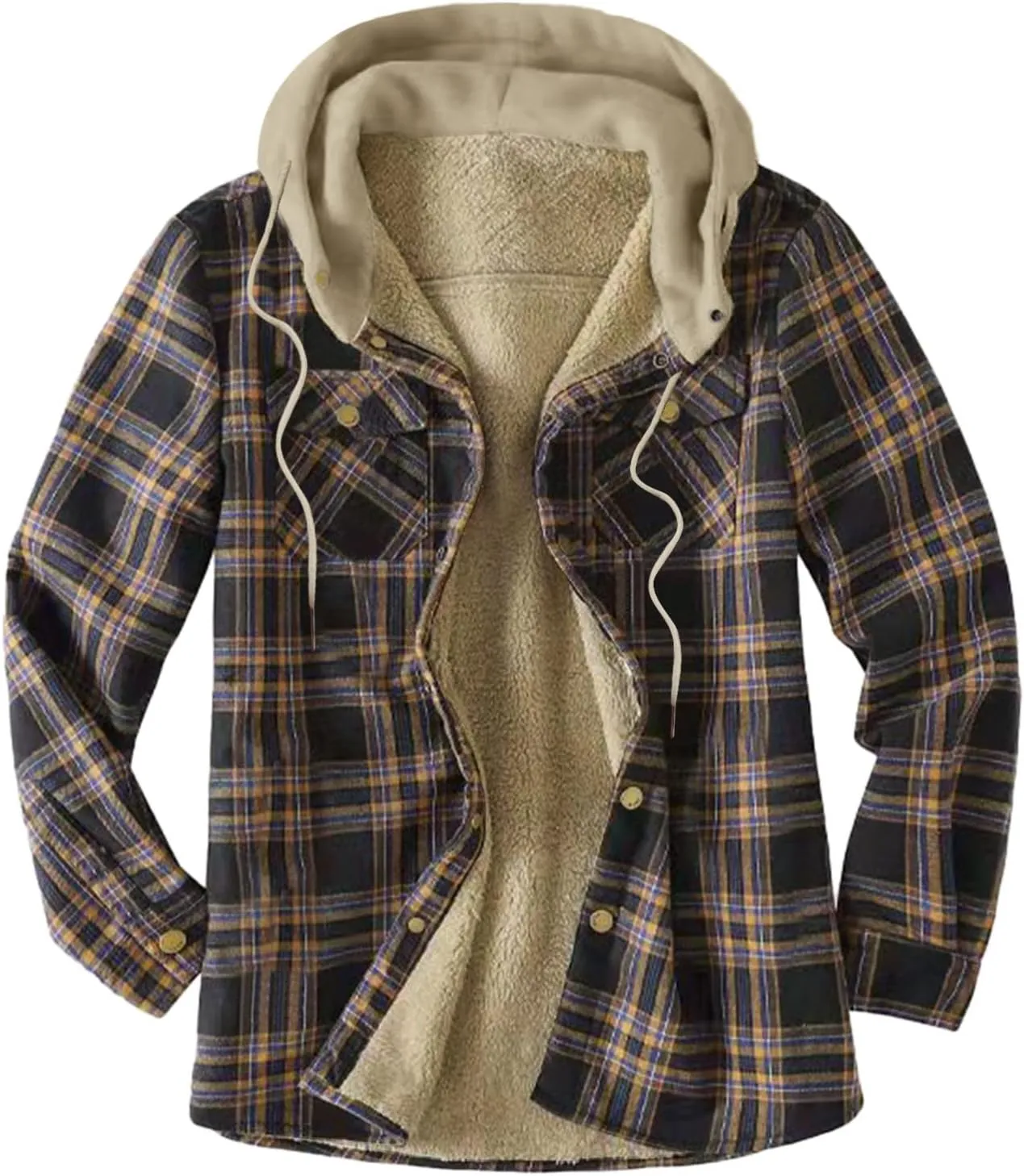 Men's Hooded Shirt Jacket Plaid Pocket Hooded Loose Coat Plus Velvet Shirt Top with Hood for Men Fleece Lined