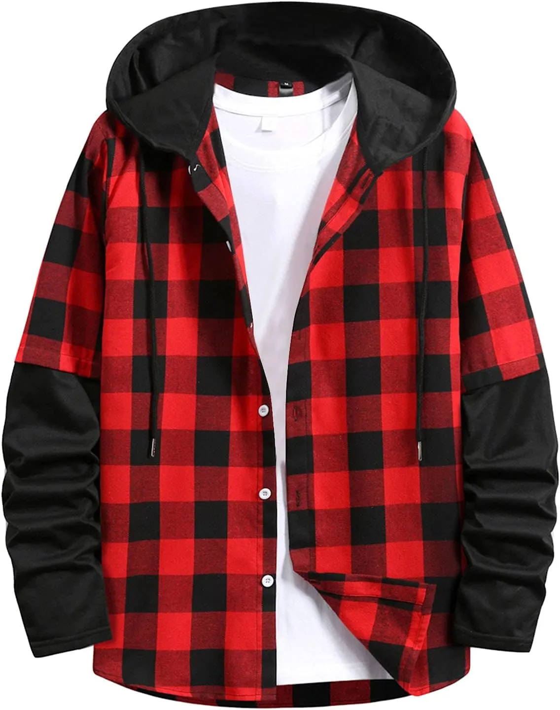 Men's Hooded Shirt Jacket Plaid Pocket Hooded Loose Coat Plus Velvet Shirt Top with Hood for Men Fleece Lined
