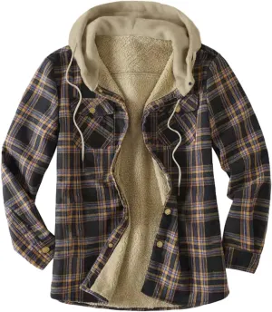 Men's Hooded Shirt Jacket Plaid Pocket Hooded Loose Coat Plus Velvet Shirt Top with Hood for Men Fleece Lined