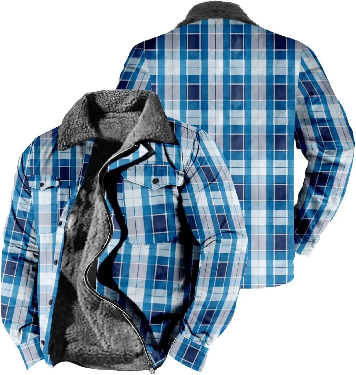 Men's Hooded Shirt Jacket Plaid Pocket Hooded Loose Coat Plus Velvet Shirt Top with Hood for Men Fleece Lined