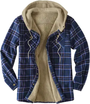 Men's Hooded Shirt Jacket Plaid Pocket Hooded Loose Coat Plus Velvet Shirt Top with Hood for Men Fleece Lined